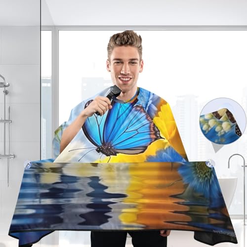 Capa para corte de cabello profesional impermeable con flores azules y amarillas, con cierre ajustable de broche, para peluquería y barbería miniatura 6