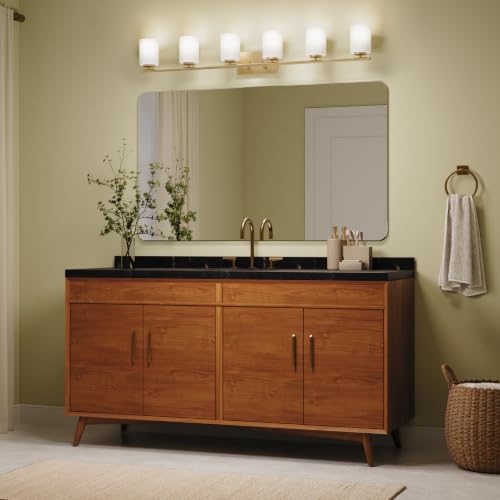 Image of Progress Lighting Replay 48 Inch 6-Light Vanity Light, Transitional, Brushed Gold with Etched Glass Shades, (7.875 inch H x 48 inch W x 6 inch D), P300385-191
