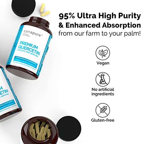 Zanapure Premium Quercetin | 1000Mg Dietary Supplement | Natural Antioxidant Support*, Immune Health*, Cardiovascular Support* | All-Natural, Vegan | 120 Capsules #TOP1