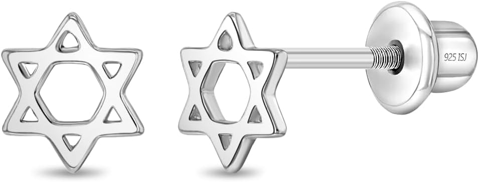 925 Sterling Silver Polished Star of David Safety Screw Back Earrings For Toddlers and Little Girls - Children's Star of David Earrings For Everyday Wear