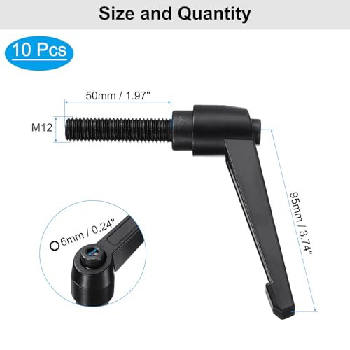 Image of uxcell 10pcs Lever Adjustable Handles M12 x 50mm Metric Male Thread, Level Clamping Handle Hand Stud Knobs Rotating Screw Handles Bolts with Locking Lever, Black