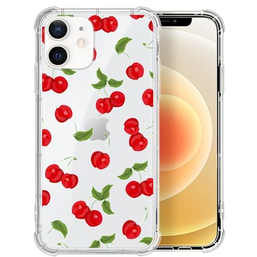 TAMEFOX Case Compatible with Clear iPhone 12 Mini,Fresh Red Cherry Slim-fit Shock-Resistant Raised Bezel Camera Protection Designed for Transparent iPhone 12 Mini Case