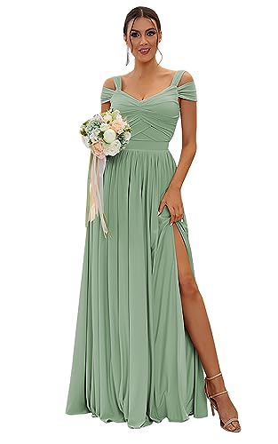 Image of SOLODISH Off The Shoulder Bridesmaid Dresses Long Chiffon Formal Evening Dresses for Women