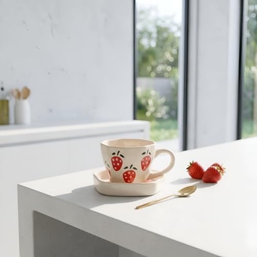 Image of Handcrafted Strawberry Ceramic Mug and Saucer Set, Coffee Mugs & Cups, Coffee Cup and Saucer Set, Ceramic Mugs,250ML