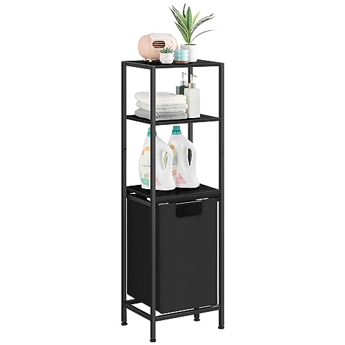 Black Laundry Hamper, Laundry Basket Organizer, Laundry Sorter with 3 Tiers Shelf, Freestanding Bathroom Shelf with Pull-Out Removable Bags(12 Gal/45 L) Laundry Room Cabinets Organization