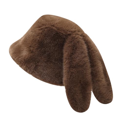 Julpsk Unisex Funny Rabbit Ears Bucket Hat Winter Fluffy Faux Fur Cap Punk Grunge Gothic Accessories Brown
