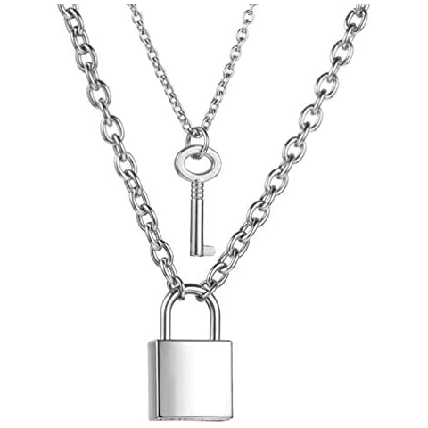 SAKAIPA Lock necklace Lock Key Pendant Necklace Long Chain Punk Multilayer Statement Choker Necklace for Women Men Boy Girls (Silver Tone - Punk Vintage Padlock Pendant) Cover