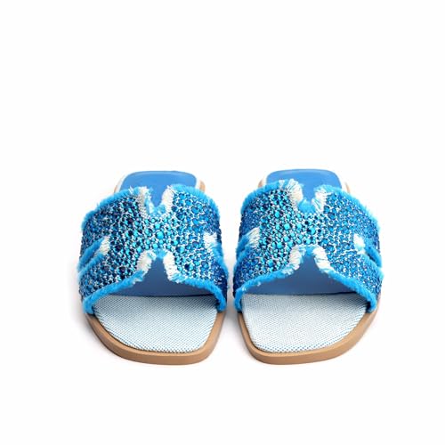 XOBZJH Evening Dress Shoes Rhinestone H-Band Black Flat Sandals for Women 2025,Designer Luxury Crystals Slides Sandals for Wedding Party Slippers Footwear2