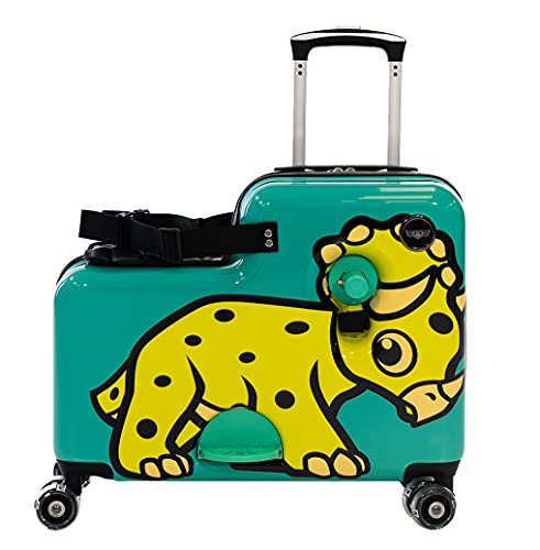 Younglingz Lil Flyer 20" kid ride on suitcase child stroller spinner luggage (Green Triceratops)