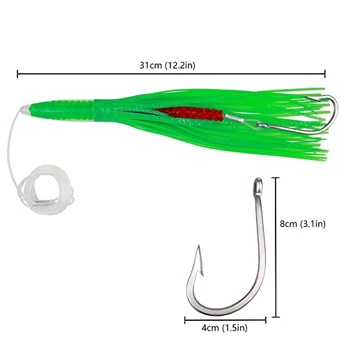 Ocean Cat Saltwater Offshore Squid Skirts Octopus Soft Trolling Lures With Circle Hook Cable Fishing Baits Tackle For Big Game Marlin Tuna Mahi Dolphin Durado Wahoo (Green, 9 Inches) #TOP1