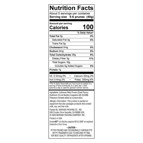 Mariani Probiotic Pitted Prunes, 7 oz - Resealable Bag, Dried Pitted Plums, High Fiber, Supports Digestive Health