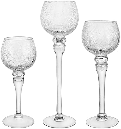 Set of 3 Crackle Clear Glass Tealight Holders Tall and Large Bowl Candle Holder Pillar Set High Long Stem candlesticks Ideal for Weddings Special Events Parties Home Decor (Glass, Clear1SETB)