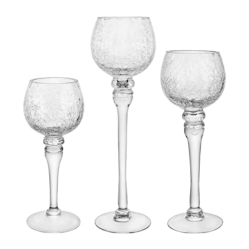 Set Of 3 Crackle Clear Glass Tealight Holders Tall And Large Bowl Candle Holder Pillar Set High Long Stem Candlesticks Ideal For Weddings Special Events Parties Home Decor (Glass, Clear1Setb) #TOP4