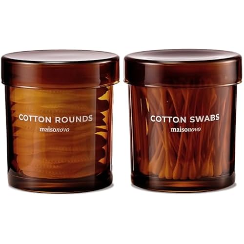 MaisoNovo Glass Bathroom Containers with Lids (Airtight) - Qtip Holder - Apothecary Jars for Cotton Rounds, Swabs, Balls, Pads - Amber Q Tip Dispenser - 2 pcs Bathroom Canisters Set for Organization