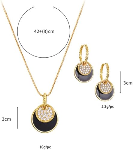 Miniatura 5 de Juego de joyas de oro para mujeres y niñas con circonita cúbica color negro epoxi redondo collar y aretes de aro Latón