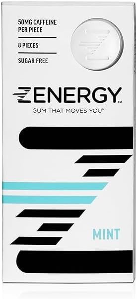 ZENERGY Energy Gum - Mint Flavor | 50mg Caffeine + 35% B6 and 45% B12 Vitamin | Vegan, 0 Sugar, 0 Calories, 0 Gluten, 0 Aspartame, Non-GMO, Instant Action | 1 Pack = 8 Count