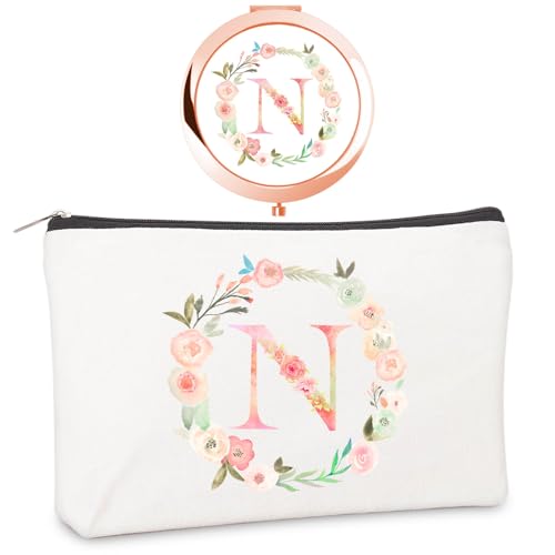 Personalized Gift Initial Compact Mirror Makeup Bag Set (N +Bag, ROSE GOLD) | Gift for Sister Women Daughter Mom Wife on Birthday, Christmas, Floral Monogram Alphabet Small Mirror, Cute Stocking Stuffers