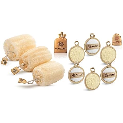 Premium Natural Egyptian Shower Loofah Sponge and Facial Loofahs, Large Exfoliating Shower Loofa Body Scrubbers Buff Away Dead Skin for Smoother, More Radiant Appearance (3 lufa Pack) Cover