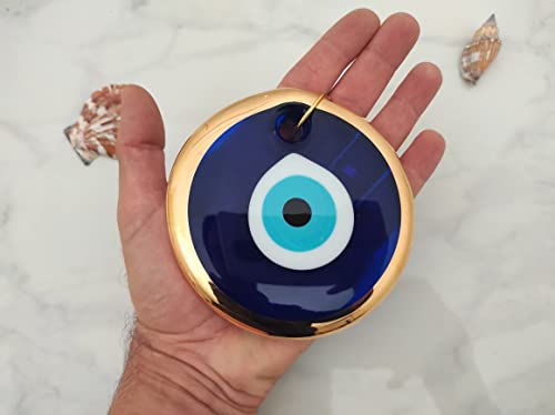 Image of Handmade Blue Glass Turkish Gold Evil Eye Hanging for Home Entrance, Nazar Battu Protection Amulet for Good Luck & Prosperity - Main Door & Wall Decor (11cm)