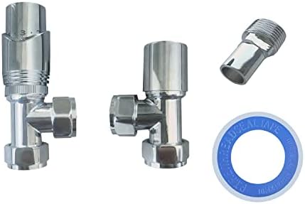 Thermostatic TRV Radiator Chrome Heated Towel Rail 15mm x 1/2" Angled Valves with White Pipe Thread Seal Tape
