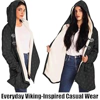 Wikinger Kostüm Valhalla Runen Rabe Winter Warmer Kapuzenparka, Nordische Mythologie Yggdrasil Kaschmirmantel, Unisex Mittelalter Jacke, Norwegen Geschenke(Rune Vegvisir,XL) – Ansicht 2