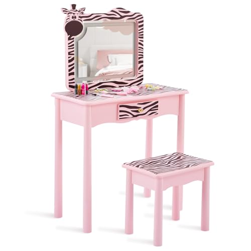 Image of Vanity Set,ShyneeMakeup Dressing Vanity Set Wooden Princess Makeup Table with Cushioned Stool,Drawer,Wooden Legs and Mirror, Make Up Dressing Play Set for Girls (Pink Zebra)