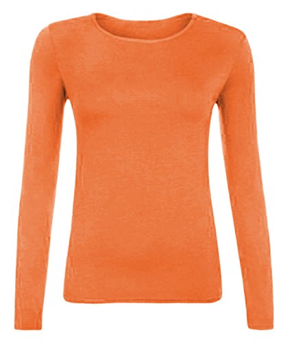 Image of Ladies Womens Plain Long Sleeve Round Neck Top Basic T Shirt Layering Plus Sizes UK 8-26 (M/L (UK 12-14), Neon Orange)