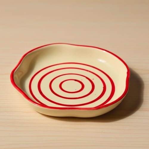 Image of WEAVING HOMES Red Lined Handmade Dessert Plate, Size: 11 cm Microwave & Dishwahsher Safe (Set of 1)