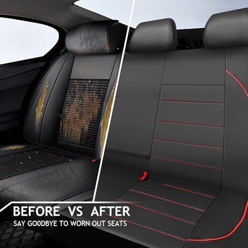 Image of CAR PASS Leather Back Seat Cover,Piping Waterproof Bench Seat Cover, Rear Seat Cover Universal Fit for Cars Sedans SUVs Truck 95% Automotive Interior Backseat Car Covers (Rear,Black and Red)