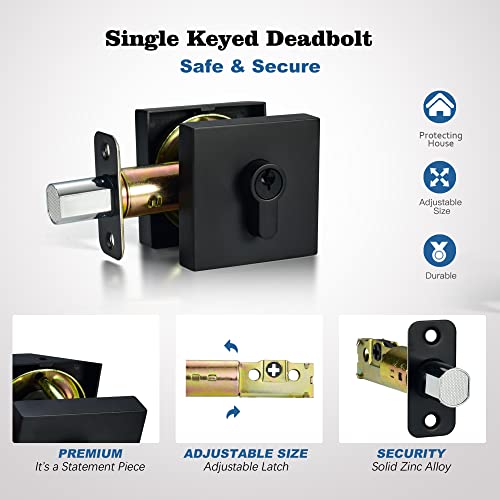Hiemey Square Single Cylinder Deadbolt Door Lock Set,Modern Contemporary Keyed Deadbolt For Front Entry Door, Matte Black #TOP4
