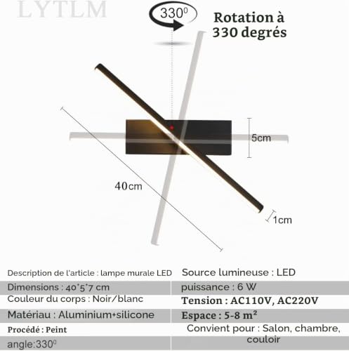 Applique Murale Intérieure LED noire Avec Prise Et Interrupteur, 8W Lampe Murale Dimmable En Métal, Luminaires Orientable 350°. – vue 5