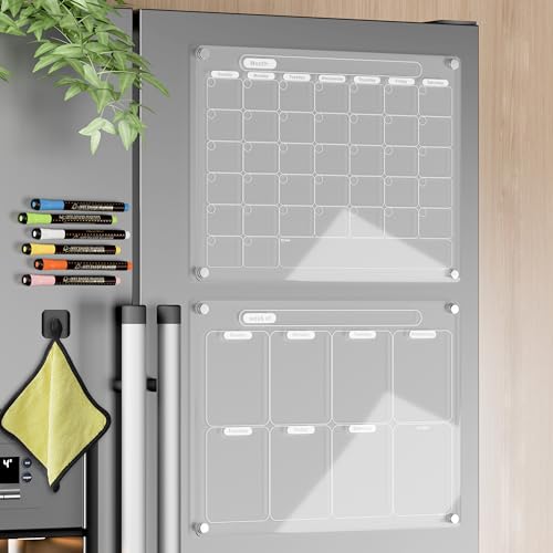 Acrylic Magnetic Calendar for Fridge, Set of 2 Clear Dry Erase Calendar Reusable White Planning Boards Monthly & Weekly, with 6 Light Colored Wet Erasable Markers 40X30CM