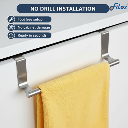 Image of Filox Stainless Steel Over Cabinet Towel Holder | No-Drill Door Hanging Rack for Kitchen & Bathroom | Adjustable Bar for Cupboard, Drawer & Wardrobe Storage | Space-Saving Organizer