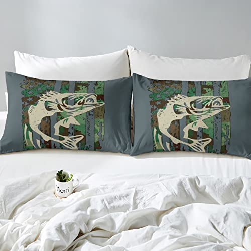 Kids Green Camouflage Bedding Set Queen Camo Big Pike Fish Bedding Duvet Cover Set For Boys Girls Farmhouse Fishing Decor Comforter Cover Set Wild Bass Fish Bedspread Cover 3Pcs Rustic Bedroom #TOP3