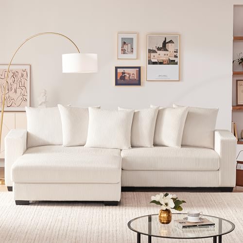 Mangodan 101.6\" Deep Seat Modular Sectional Sofa, Comfy Corduroy Sectional Couches for Living Room, L-Shaped Upholstered Cloud Couch with Chaise, Widened Armrests for 4 People, Beige - Thumbnail 3