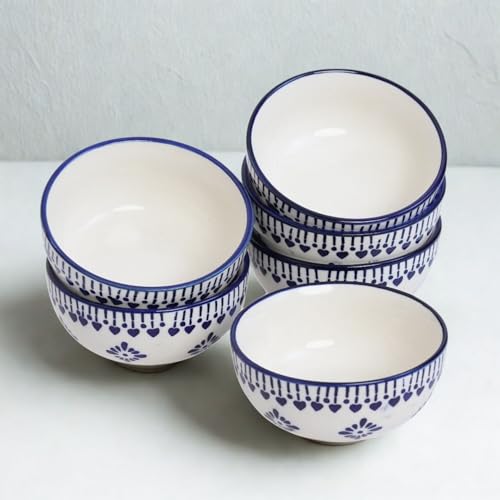 Image of Freakway Handcrafted Ceramic Serving Bowls Set | 200 ML | Microwave Safe, Chip-Resistant Stoneware for Soup, Snacks & Desserts (Set of 6, Blue & White)