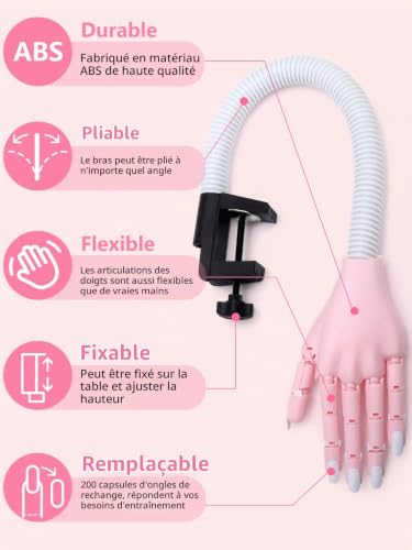 Deciniee Mano Finta per Ricostruzione Unghie,300 Pezzi Formazione Punte per Unghie e Mano Pratica,Strumenti Professionali per Mani per Arte Delle Unghie,Mani Finte Regolabili per Manicure Rosa – vue 4