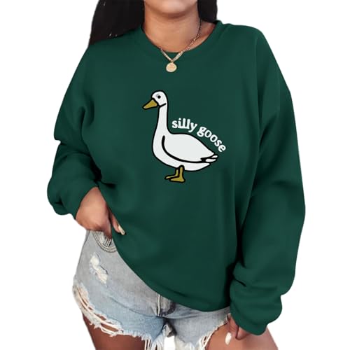 Lytiarul Cute Silly Goose Sweatshirt for Women Teen Girls Duck Letter Graphic Crewneck Long Sleeve Shirt Hoodie Pullover Tops(Green L)
