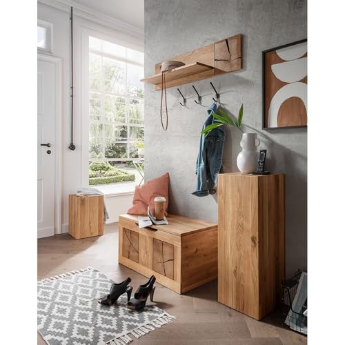 Lomadox Garderoben Set 4-teilig Sitztrühe Flurbank Beistelltisch Ablagetisch Wandregal Regal modern in Eiche massiv geölt