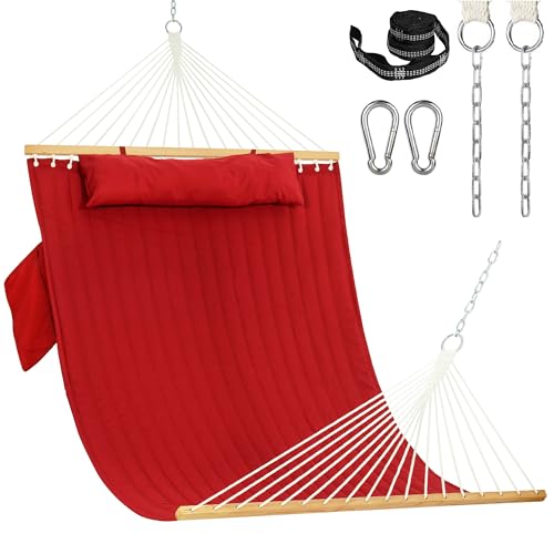 Lazy Daze Hammocks 10.5FT 2 Person Double Quilted Fabric Hammock with Spreader Bar, Detachable Pillow, Side Pocket, Carabiners, Chains, Straps for Outdoor, 450lbs Capacity, Burgundy