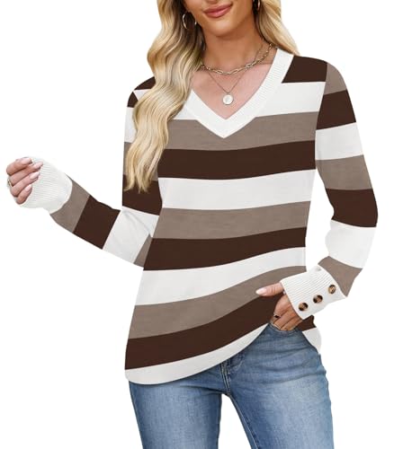 Image of WIHOLL Lightweight Sweaters for Women Long Sleeve V Neck Knit Outfits with Decorative Buttons