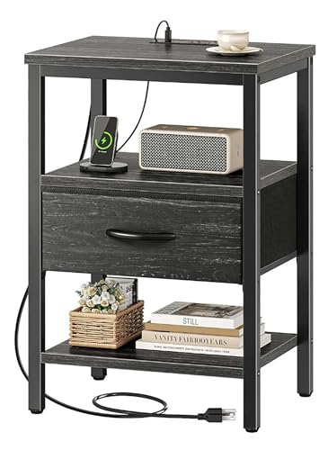 Nightstand with Charging Station, Bedside Table with Adjustable Fabric Drawer, Night Stand for Bedroom, 3-Tier Storage End Table, Side Table for Living Room