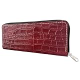 本革 ラウンド型 ペンケース 薄型 コンパクト スリム 筆箱 ペン入れ 筆入れ シンプル ステーショナリー レザー 型押し クロコダイル風 レッド