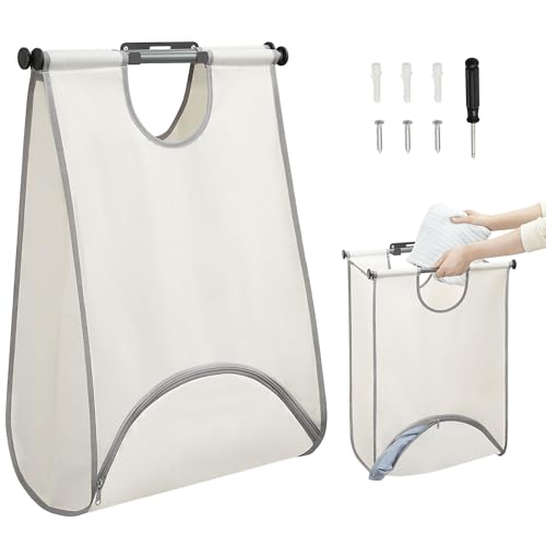 , Hanging Laundry Bag With Bottom Zipper Opening, Space Saver Dirty Clothes Hamper With Wall Anchor, Laundry Clothes Bin For College, Dorm, Rv, White