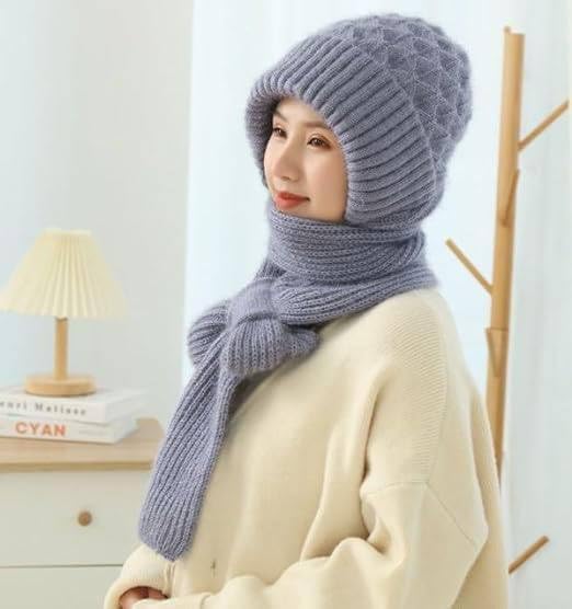 MASTANO Winter Cap for Women Woolen Cap with Muffler for Women, 2 in1 Winter Scarf Knitted Woolen Muffler (Gray) 2