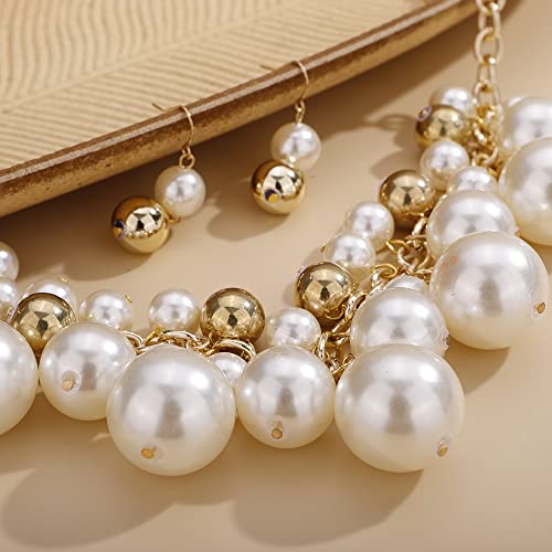 Aimimier 1920S Big Faux Pearl Strand Choker Necklace With Earrings Gold Chain Gold Beads Cluster Necklace For Women (Style 2) #TOP3