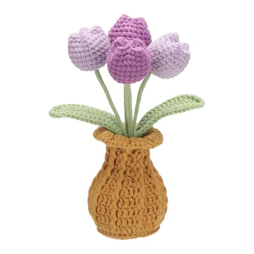 YELARXI Crochet Flowers, Tulip Artificial Flowers Cute Little Potted Handmade Knitted Plants - Fitting for (Birthday Graduation Gifts - Home Office - Women) 4 Flowers & Gradient Purple