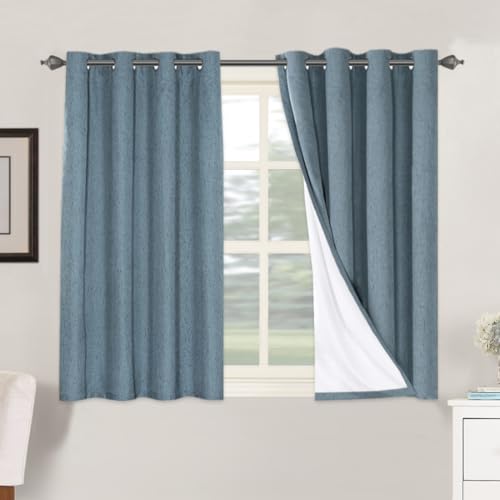 Image of H.VERSAILTEX Linen Blackout Curtains 45 Inches Long 100% Blackout Thermal Insulated Textured Linen Look Curtain Draperies Anti-Rust Grommet, Energy Saving with White Liner, 2 Panels, Stone Blue