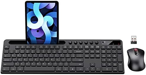 Wireless Keyboard and Mouse Combo, MARVO 2.4G Ergonomic Wireless Computer Keyboard with Phone Tablet Holder, Silent Mouse with 6 Button, Compatible with MacBook, Windows (Black)