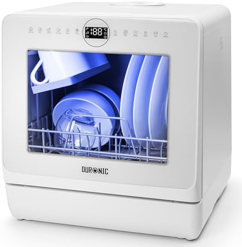Duronic DW5 WE Spülmaschine, Mini Geschirrspüler für bis 4 Personen | Tischgeschirrspüler mit 5 Liter Wassertank, Anschluss für Zu- und Ablauf möglich, Minispülmaschine für Singles